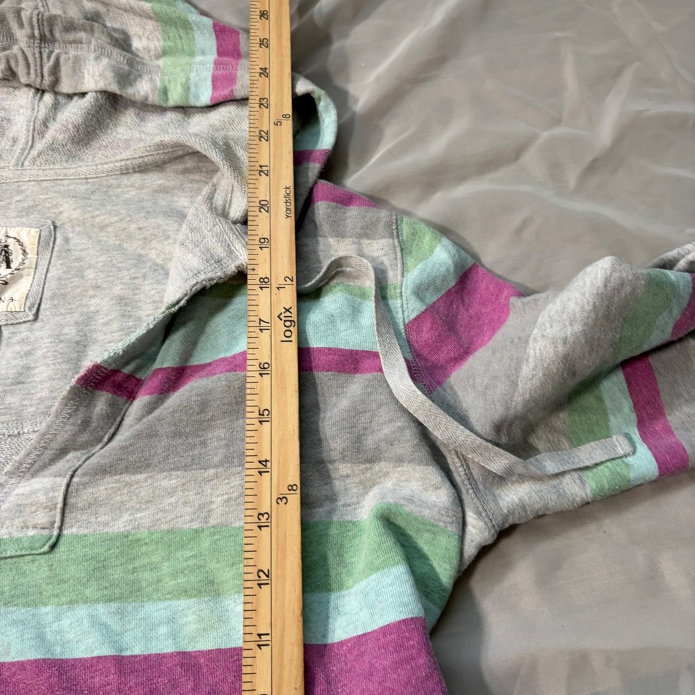 Y2K Striped Preppy XXL Striped V-Neck Hoodie Cotton French Pullover Grey Multi - Picture 4 of 6